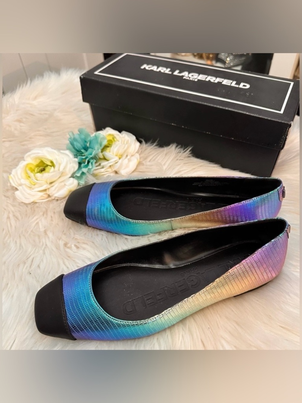 Karl Lagerfeld Paris Zayna MultiI Colored Metallic Black Flats Sz 9M NEW! FIRM!